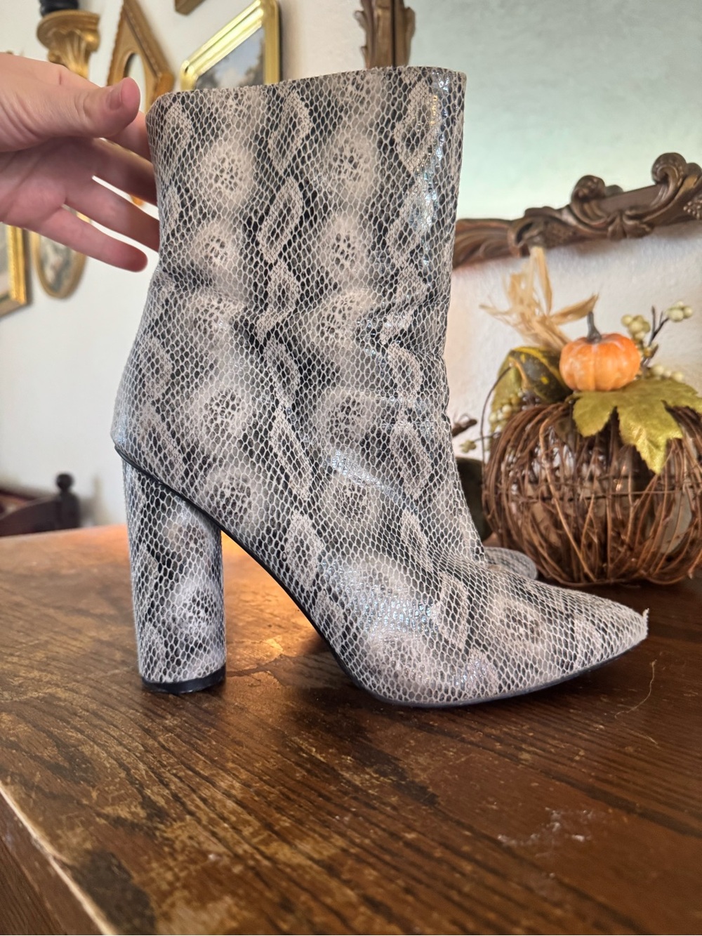 Snake-Print Block Heel Ankle Boots - Gray/Black
